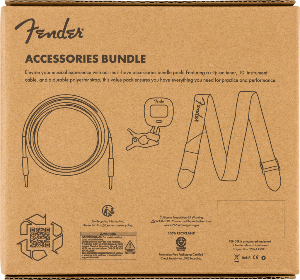 Fender - Accessory Essentials Pack - Cable, Clip-On Tuner, Strap