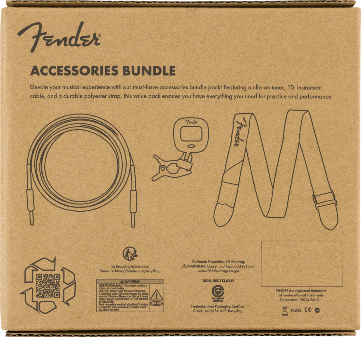 Fender - Accessory Essentials Pack - Cable, Clip-On Tuner, Strap