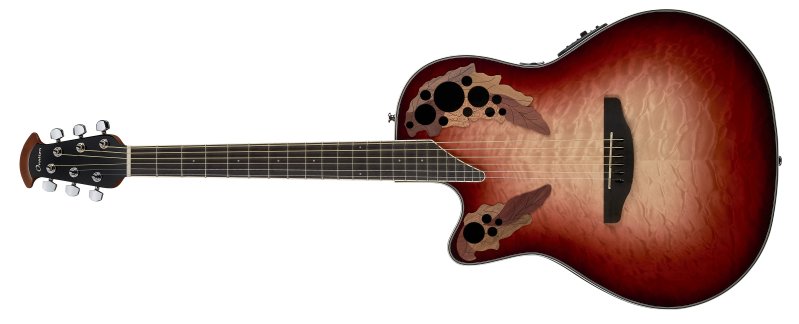 Ovation - Celebrity Elite Exotic Left-Handed Acoustic / Electric Guitar, Quilt Maple Ruby Red / Natural Burst