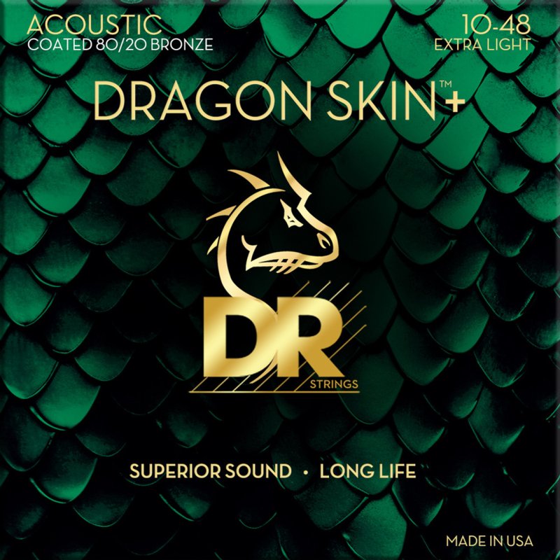 DR Handmade Strings - DRAGON SKIN+ Coated 80/20 Bronze Acoustic Guitar Strings, Extra Light (10-48)