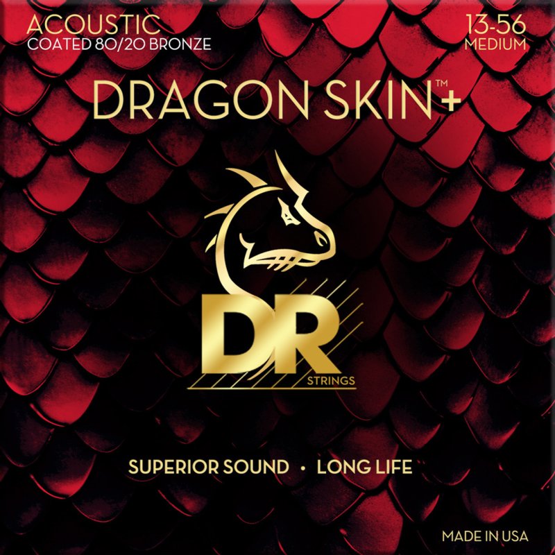 DR Handmade Strings - DRAGON SKIN+ Coated 80/20 Bronze Acoustic Guitar Strings, Medium (13-56)