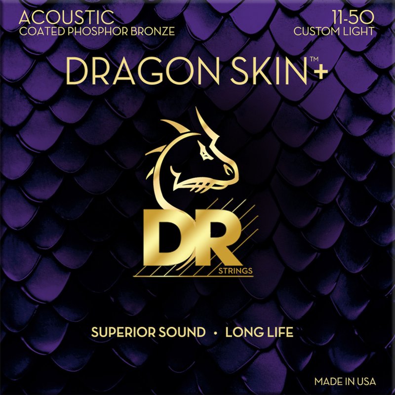 DR Handmade Strings - DRAGON SKIN+ Coated Phosphor Bronze Acoustic Guitar Strings, Custom Light (11-50)