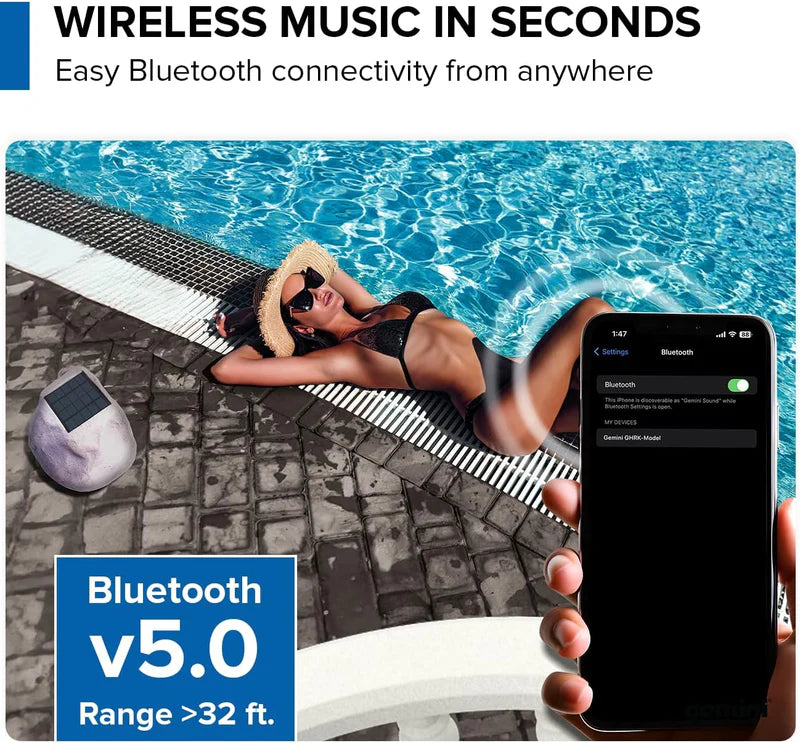 Gemini - Portable Solar Bluetooth Rock Speaker, Weather-Resistant, Multi-Link, Wireless & LED Lighting (Pair)