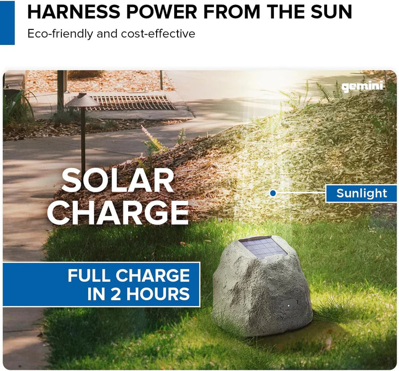 Gemini - Portable Solar Bluetooth Rock Speaker, Weather-Resistant, Multi-Link, Wireless & LED Lighting (Pair)