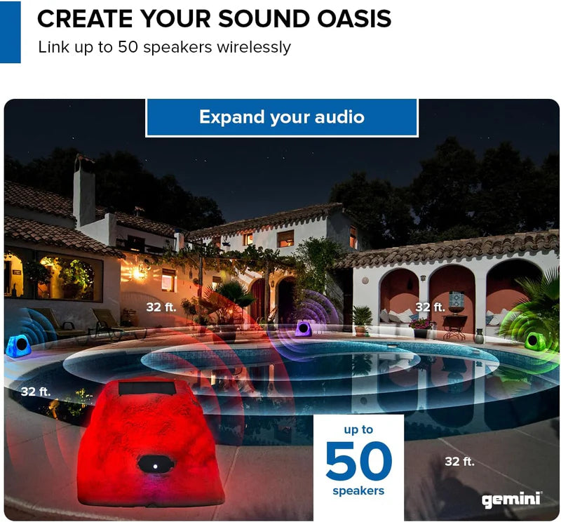 Gemini - Portable Solar Bluetooth Rock Speaker, Weather-Resistant, Multi-Link, Wireless & LED Lighting (Pair)