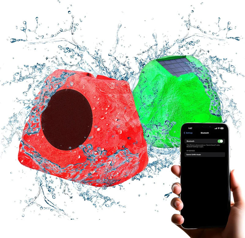 Gemini - Portable Solar Bluetooth Rock Speaker, Weather-Resistant, Multi-Link, Wireless & LED Lighting (Pair)