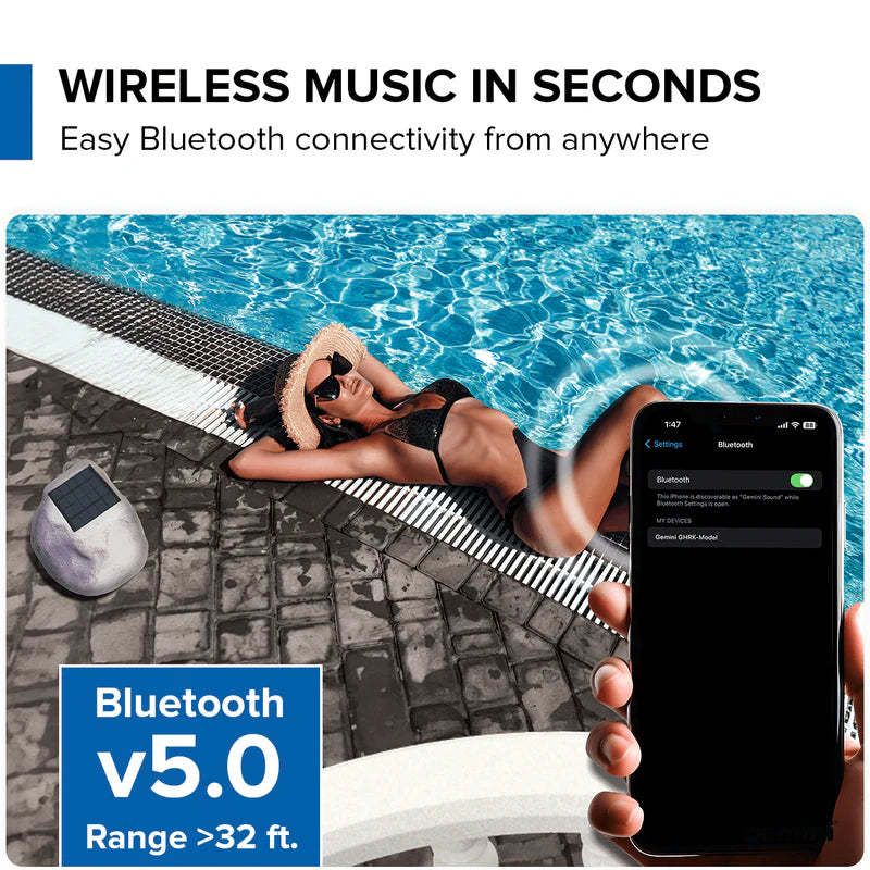 Gemini - Portable Solar Bluetooth Rock Speaker, Weather-Resistant, Multi-Link, Wireless & LED Lighting