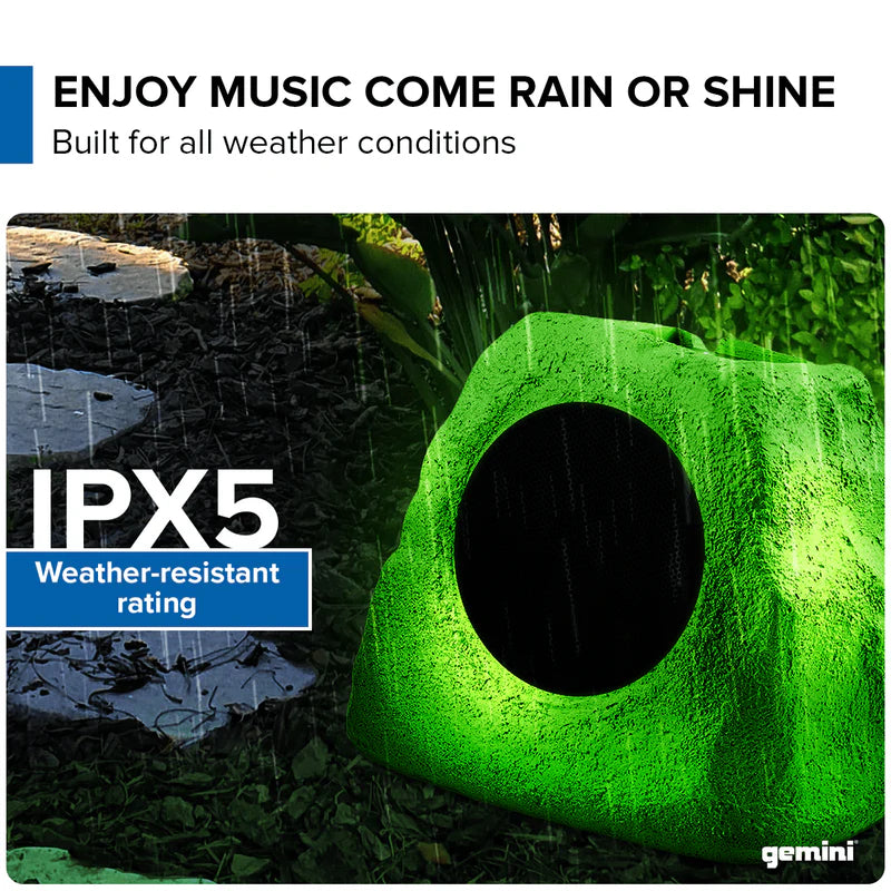 Gemini - Portable Solar Bluetooth Rock Speaker, Weather-Resistant, Multi-Link, Wireless & LED Lighting