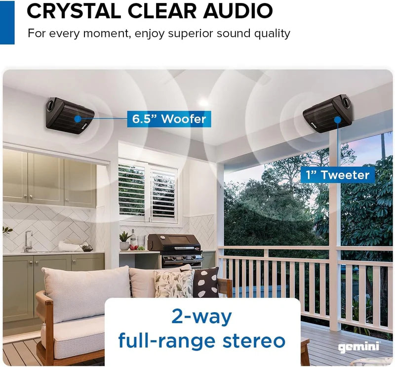 Gemini - Outdoor Bluetooth Speakers  - Daisy Chain Capable, IP44 Waterproof, Wall Mountable, Black (Pair)