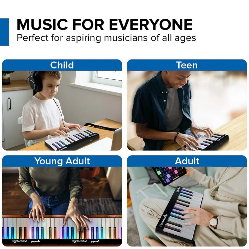 Gemini - 24-Key Smart Wireless Midi Keyboard - Portable Learning Piano With Light-Up Keys
