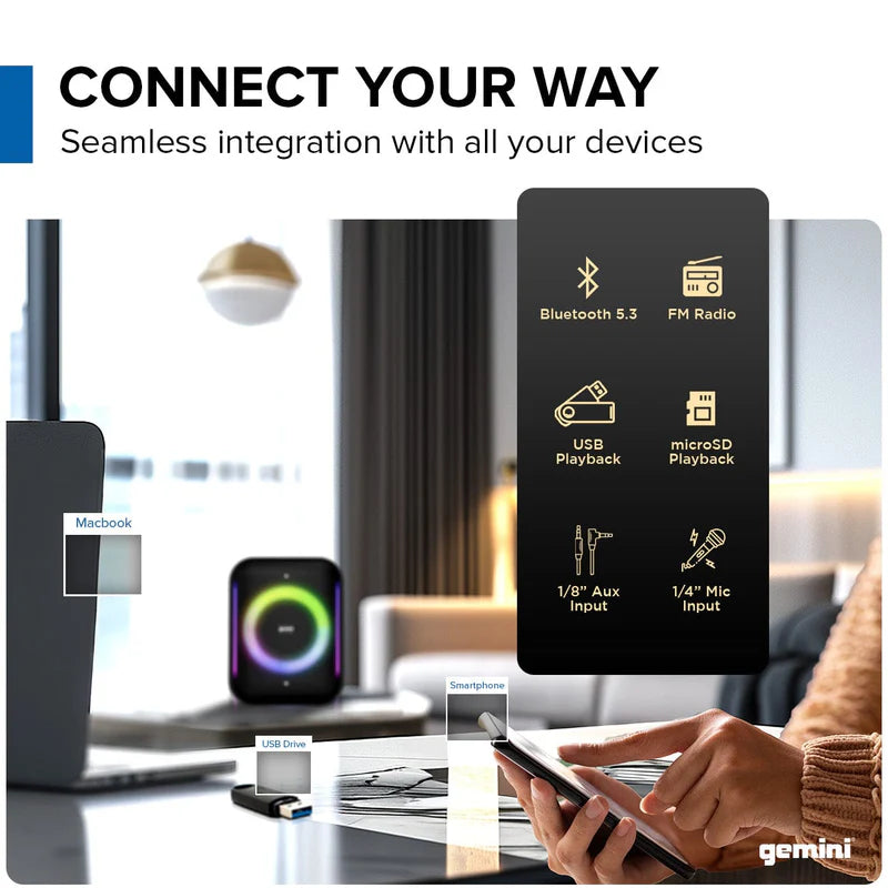 Gemini - Ultrarave 320W Portable Bluetooth Speaker With Dynamic LED Lighting & Wireless Microphone