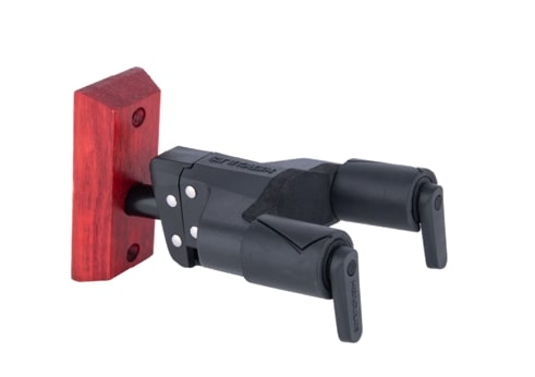 Hercules - Auto Grip Universal Guitar Hanger For Wall Mounting With Burgundy Red Wood Base, Short Arm