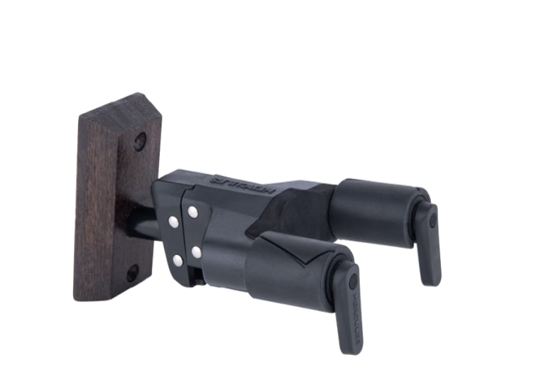 Hercules - Auto Grip Universal Guitar Hanger For Wall Mounting With Brown Wood Base, Short Arm
