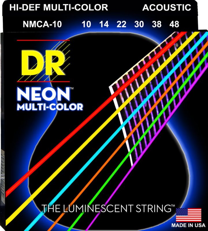 DR Handmade Strings - Neon Multi-color Coated Acoustic Guitar String, Extra Light (10-48)