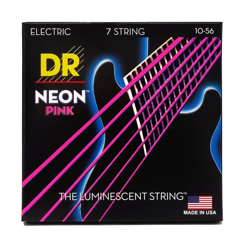 DR Handmade Strings - Neon Pink K3 Coated Nickel Plated 7-String Electric Guitar Strings, Medium (10-56)