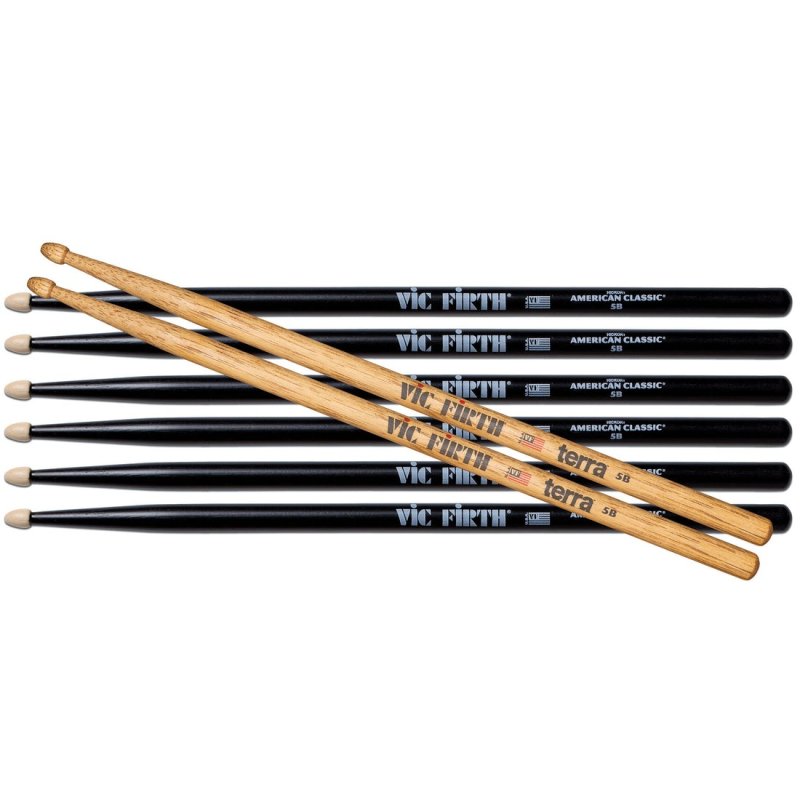 Vic Firth - American Classic 5B Drumsticks With Black Finish & Free Pair Of 5BT Terra (4-Pair Value Pack)