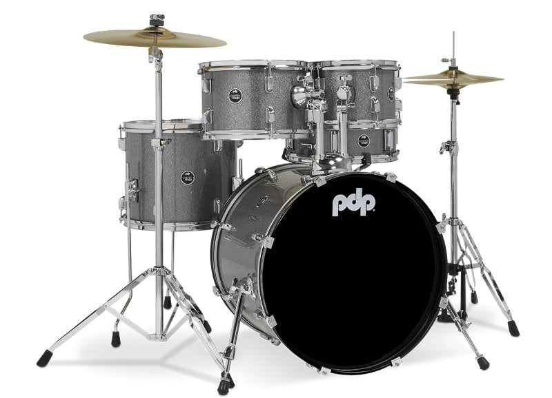 PACIFIC DRUMS & PERC - Center Stage 5-piece Complete Drum Set with Cymbals & Throne, Silver Sparkle