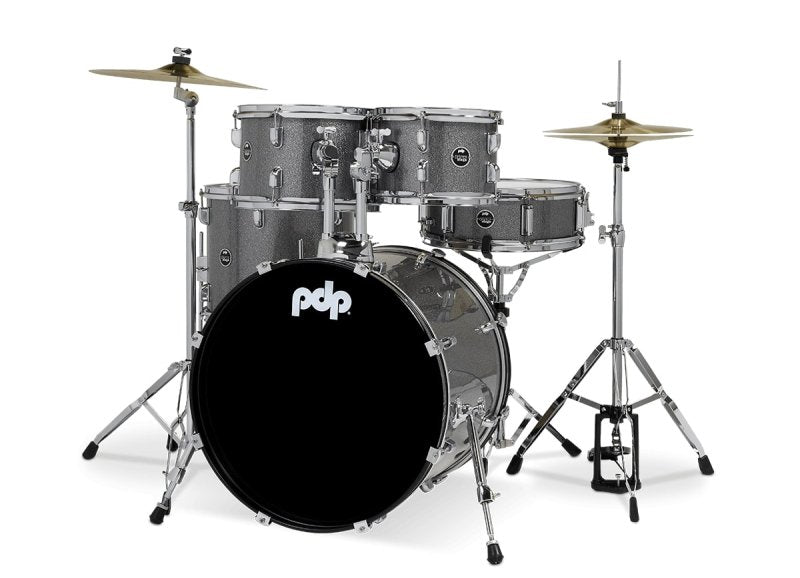 PACIFIC DRUMS & PERC - Center Stage 5-piece Complete Drum Set with Cymbals & Throne, Silver Sparkle