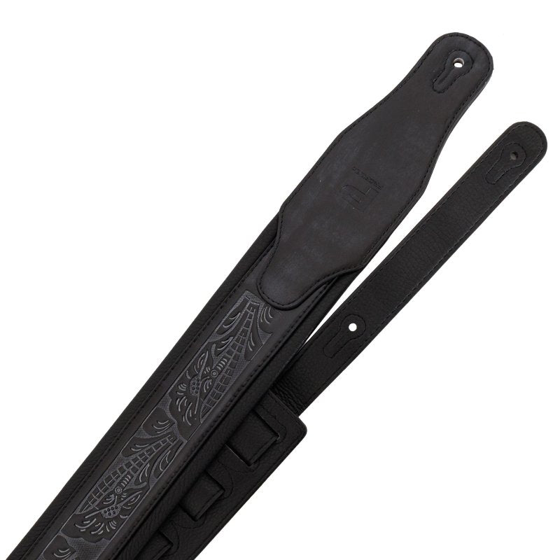 Profile - Leather Padded Strap with Tooled Hibiscus Flower Pattern Black