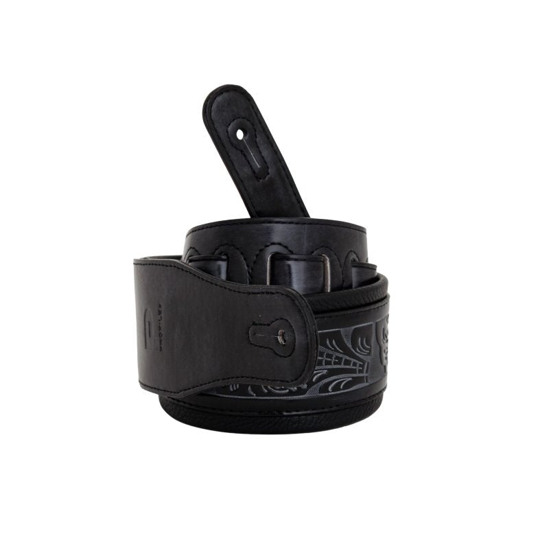 Profile - Leather Padded Strap with Tooled Hibiscus Flower Pattern Black