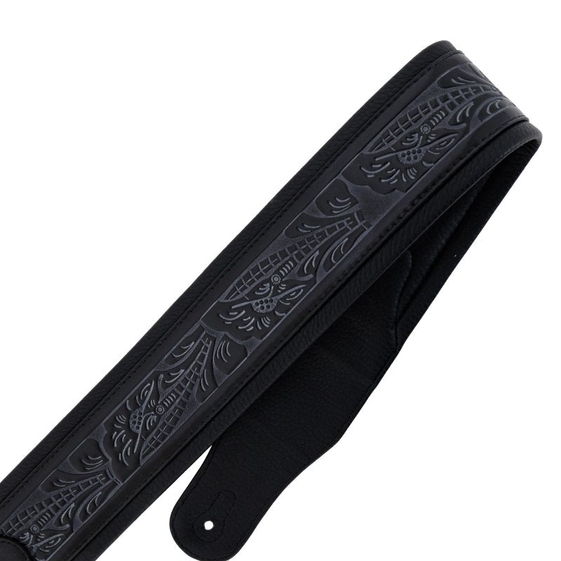 Profile - Leather Padded Strap with Tooled Hibiscus Flower Pattern Black