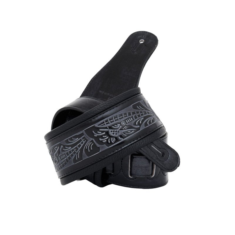 Profile - Leather Padded Strap with Tooled Hibiscus Flower Pattern Black