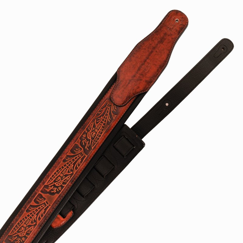 Profile - Leather Padded Strap with Tooled Hibiscus Flower Pattern Dark Brown and Black
