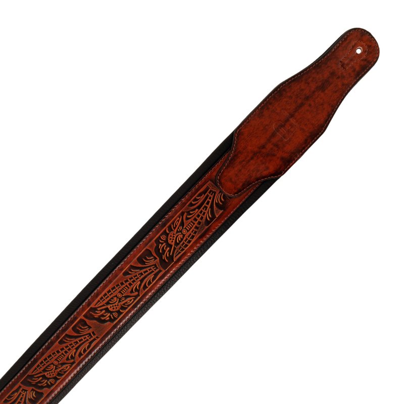 Profile - Leather Padded Strap with Tooled Hibiscus Flower Pattern Dark Brown and Black