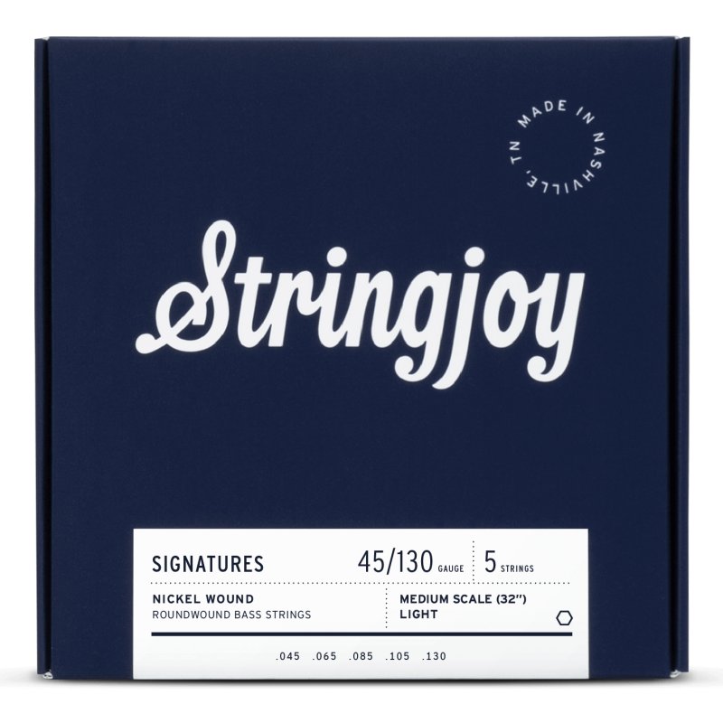 Stringjoy - Light Gauge (45-130) 5 String Medium Scale Nickel Wound Bass Guitar Strings
