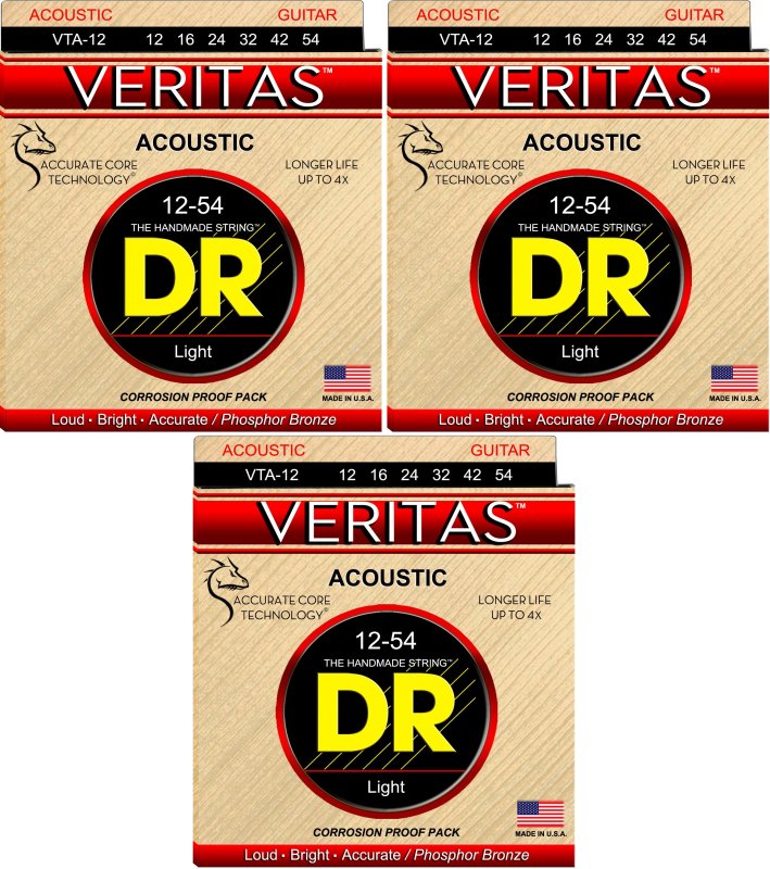 DR Handmade Strings - Veritas Acoustic Guitar Strings, Light (12-54) (3 Pack)