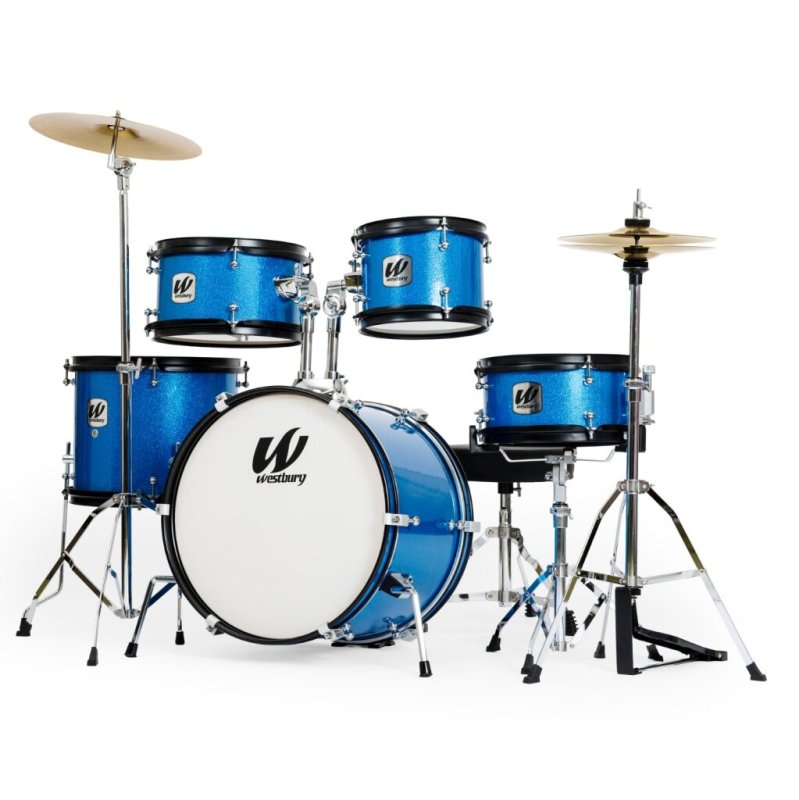 Westbury - 5-Piece Junior Drum Set Complete With Hardware, Cymbals & Throne, Blue Sparkle Finish