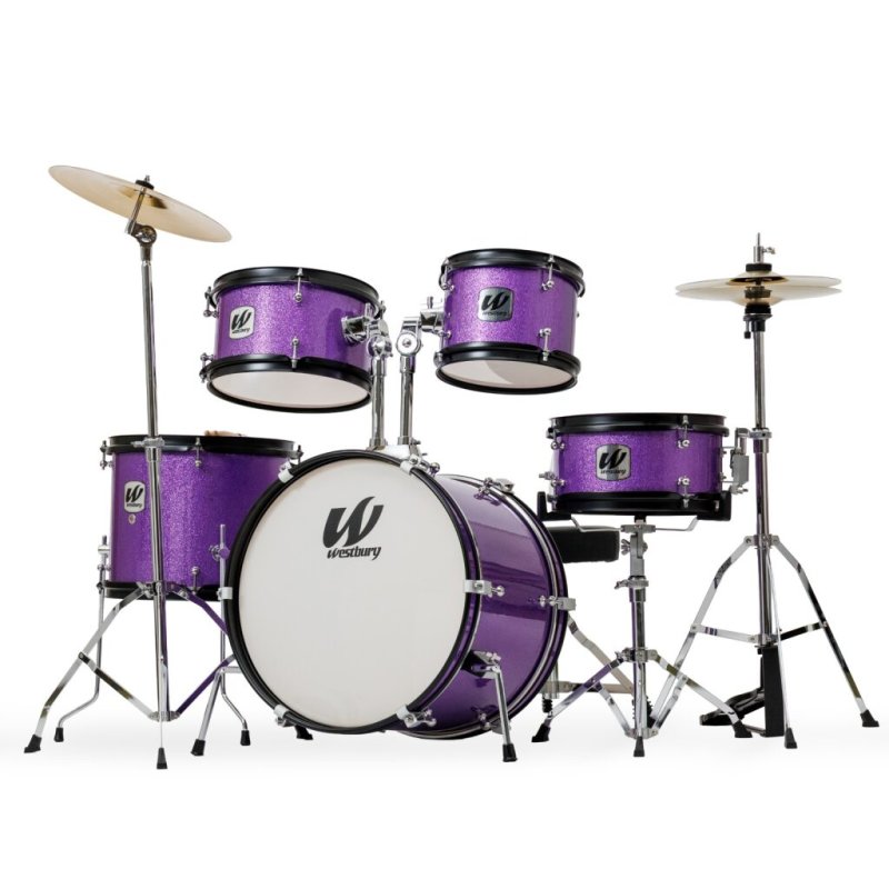 Westbury - 5-Piece Junior Drum Set Complete With Hardware, Cymbals & Throne, Purple Sparkle Finish