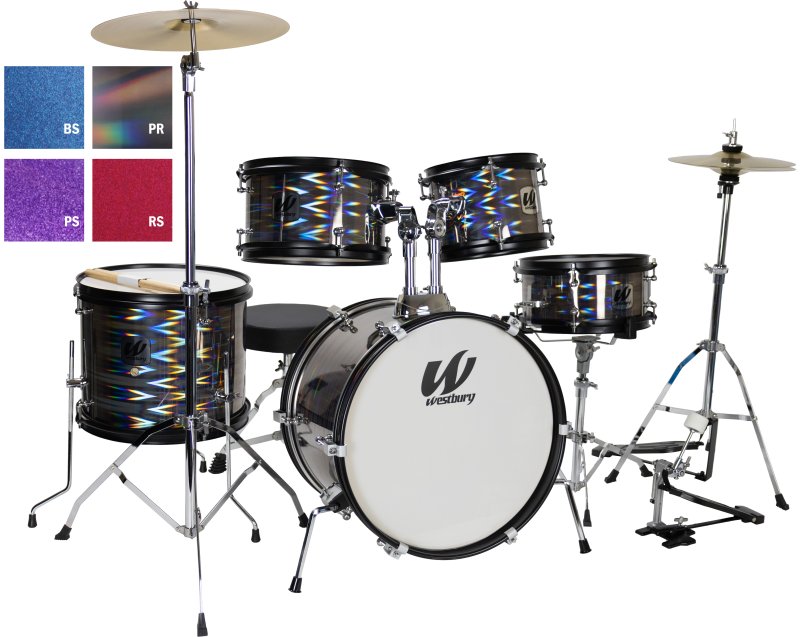 Westbury - 5-Piece Junior Drum Set Complete With Hardware, Cymbals & Throne, Red Sparkle Finish
